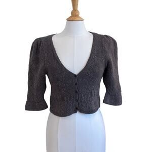 New Free People Charcoal Gray Puff Sleeve Cropped Cardigan Sweater, Size S